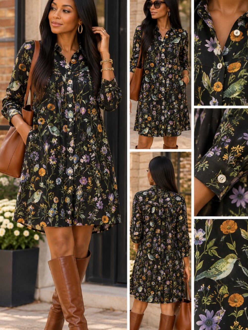 J.Jill Womens M Black Floral Bird Shirt Dress Button Front ECOVERO whimsigoth